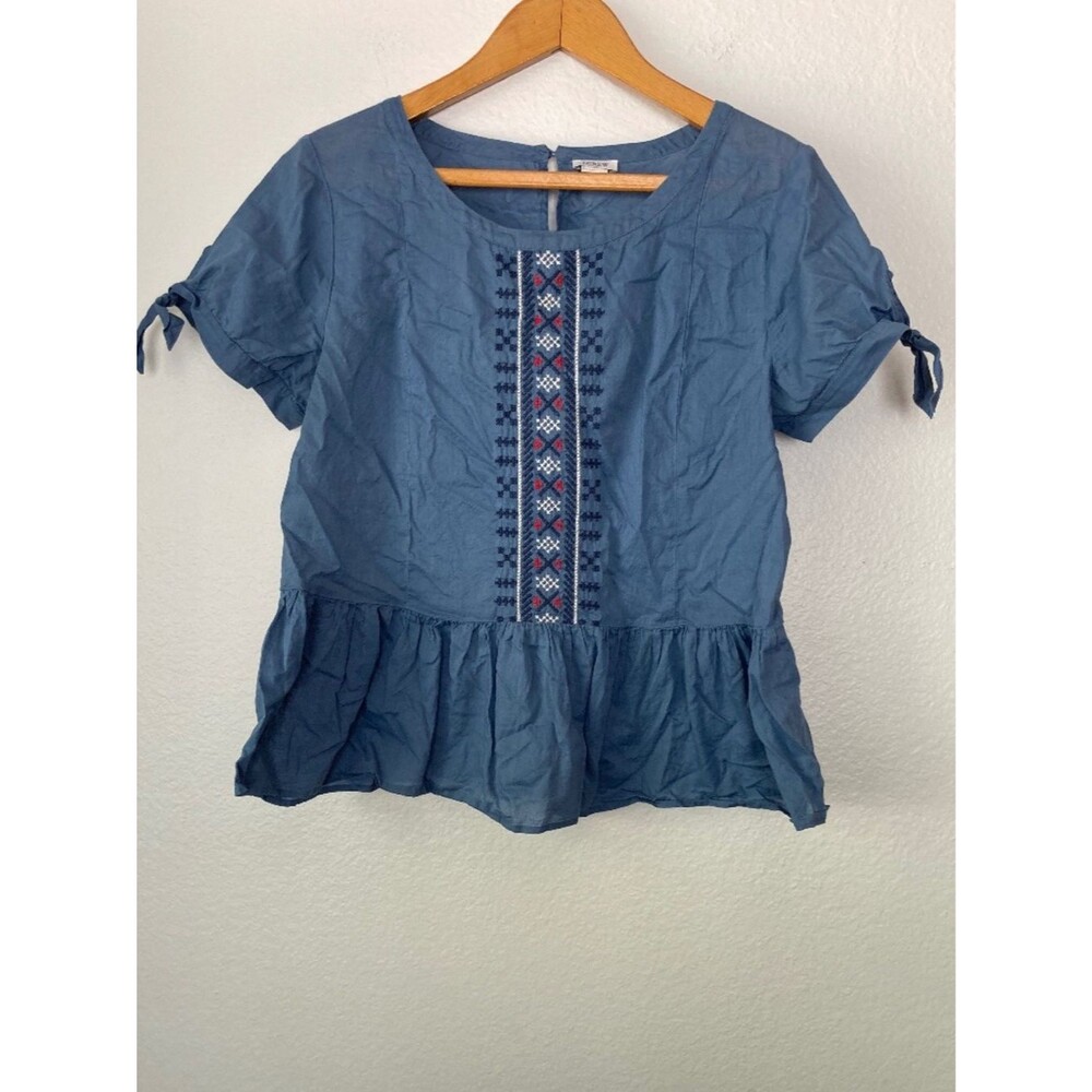 J.Crew Chambray Peasant Embroidered Peplum Blouse Women's Size 10